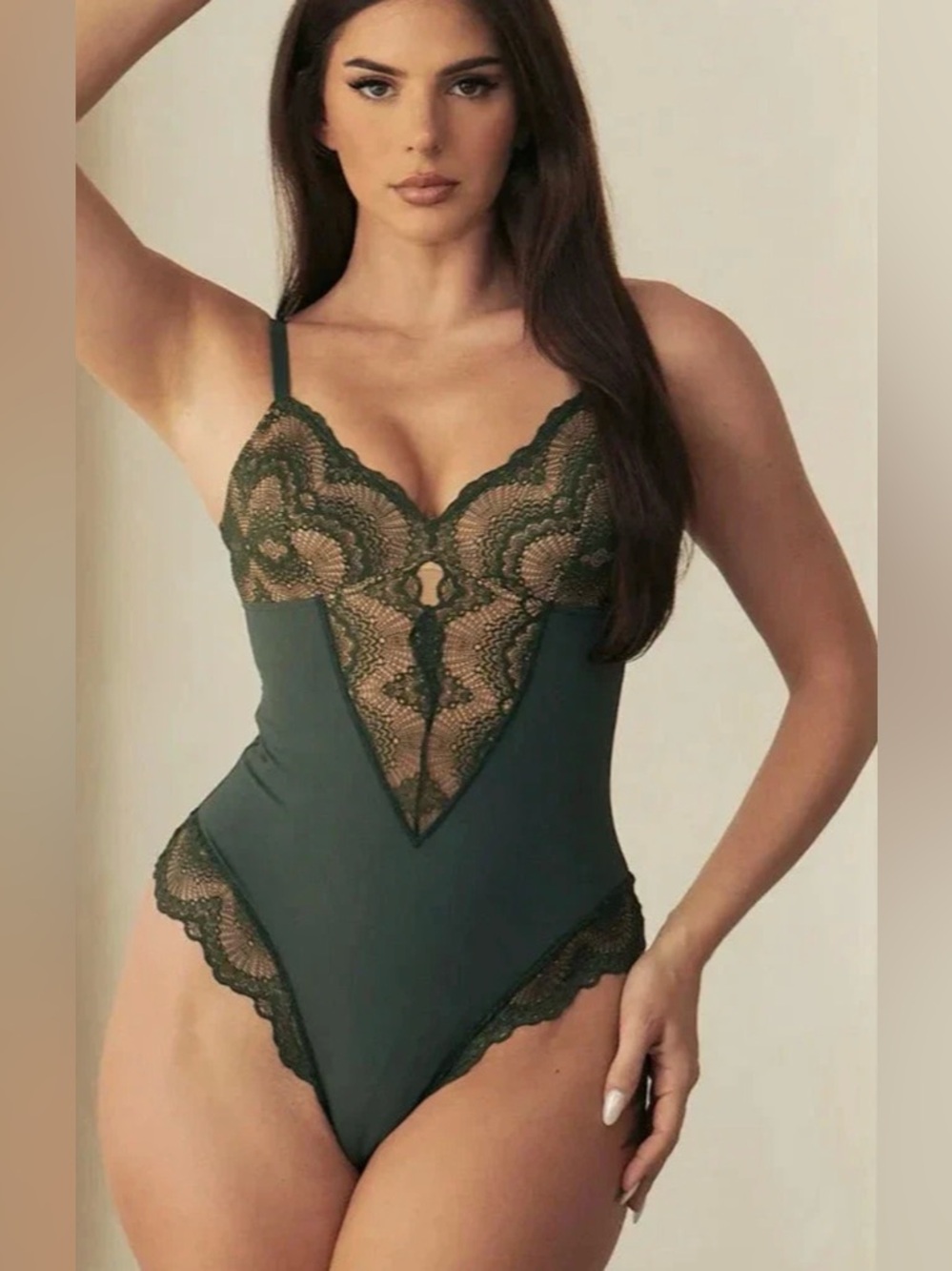 Pinsy Forest Green Sculpting Lace Shapewear Bodysuit Sz S